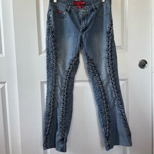 👖 VINTAGE 90s y2k LEMORE cut out sheer cage cut unique blue jeans 11